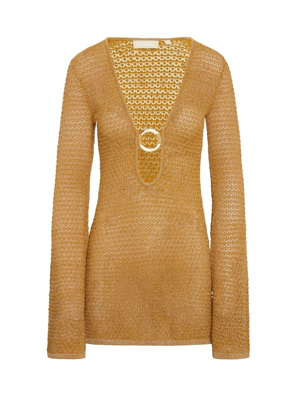 Monday Swimwear Gold Crochet Long Sleeve V-Neck Coverup